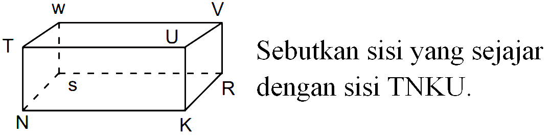 Sebutkan sisi yang sejajar dengan sisi TNKU. N K R S T U V W