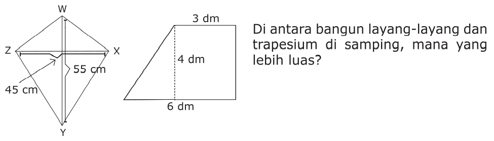 Di antara bangun layang-layang dan trapesium di samping, mana yang lebih luas? W Z X 45 cm 55 cm Y 3 dm 4 dm 6 dm