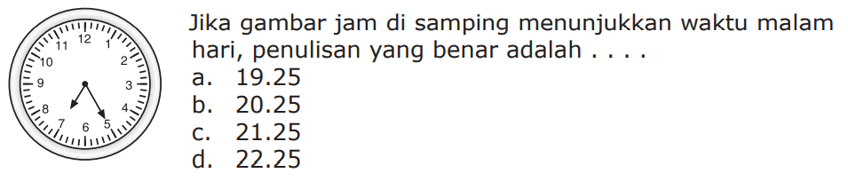 Jika gambar jam di samping menunjukkan waktu malam hari, penulisan yang benar adalah