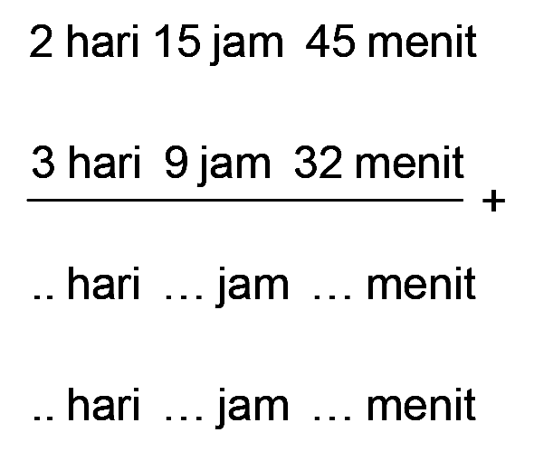 2 hari 15 jam 45 menit + 3 hari 9 jam 32 menit =... hari ...jam ... menit = ... hari ... jam ...menit