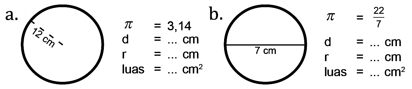 a. 12 cm pi = 3,14 d = ... cm r = ... cm luas = ... cm^2 b. 7 cm pi = 22/7 cm d = ... cm r = ... cm luas = ... cm^2