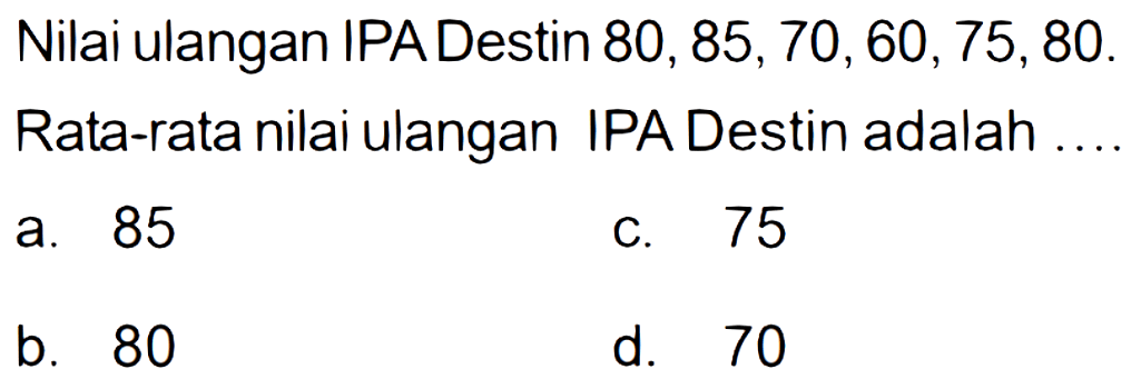 Nilai ulangan IPA Destin 80, 85, 70, 60, 75, 80. Rata-rata nilai ulangan IPA Destin adalah....
