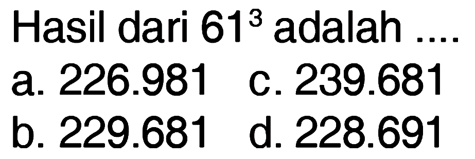 Hasil dari 61^3 adalah ....