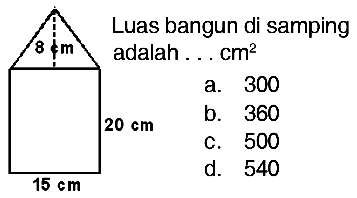 Luas bangun di samping m adalah Cm^2. 
 8 cm 15 cm 20 cm