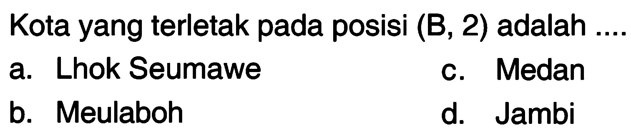 Kota yang terletak pada posisi (B, 2) adalah....
