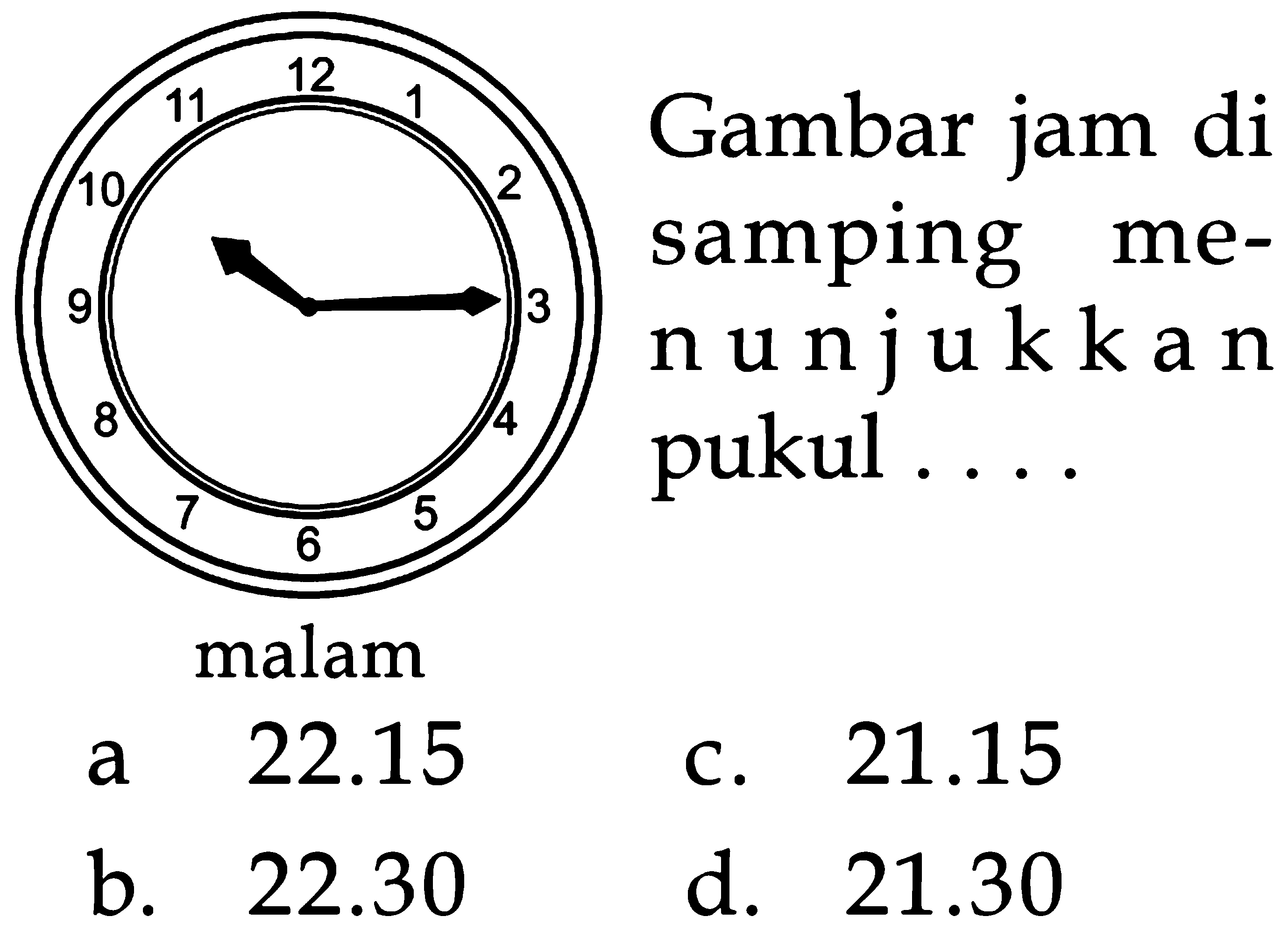 Gambar jam di samping me nunjukkan pukul ... malam