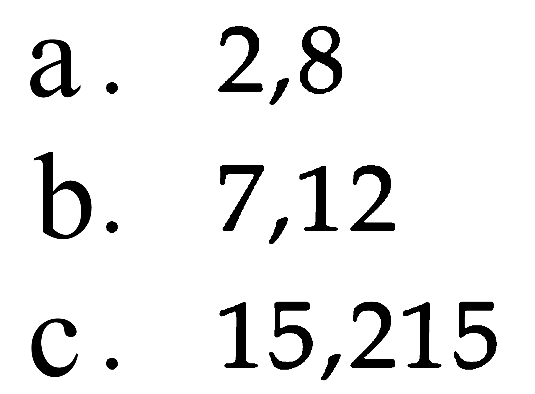 a. 2,8
b. 7,12
c. 15,215