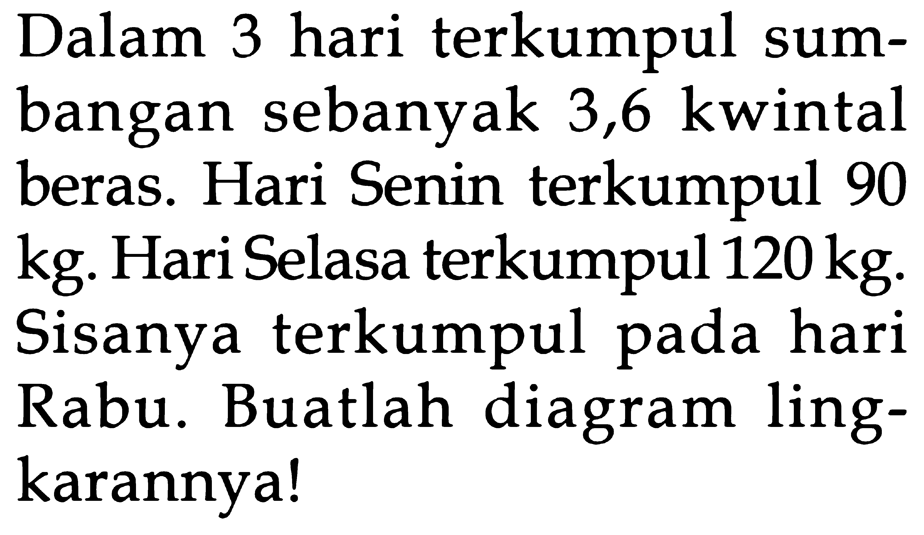 Dalam 3 hari terkumpul sumbangan sebanyak 3,6 kwintal beras. Hari Senin terkumpul 90 kg. Hari Selasa terkumpul 120 kg. Sisanya terkumpul pada hari Rabu. Buatlah diagram lingkarannya!