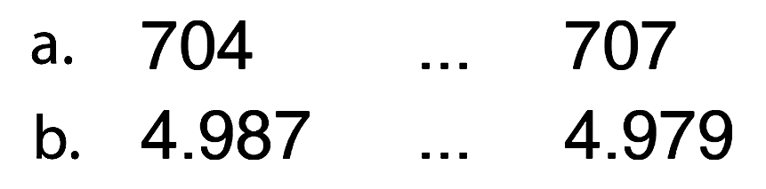 a.  704  ...  707 
b. 4.987  ...  4.979 