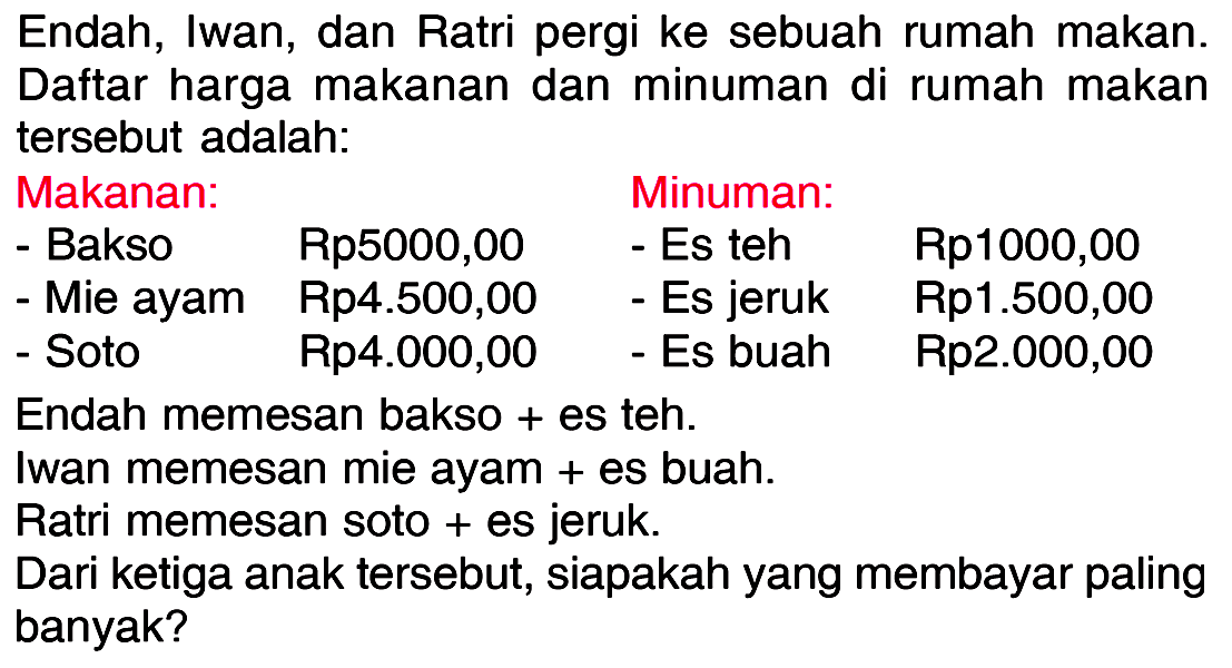 Endah, Iwan, dan Ratri pergi ke sebuah rumah makan. Daftar harga makanan dan minuman di rumah makan tersebut adalah: 
Makanan: 
Bakso Rp5000,00 
Mie ayam Rp4.500,00 
Soto Rp4.000,00 
Minuman: 
Es teh Rp1000,00 
Es jeruk Rp1.500,00 
Es buah Rp2.000,00 
Endah memesan bakso + es teh. 
Iwan memesan mie ayam + es buah. 
Ratri memesan soto + es jeruk. 
Dari ketiga anak tersebut, siapakah yang membayar paling banyak?