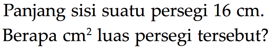 Panjang sisi suatu persegi 16 cm. Berapa cm^2 luas persegi tersebut?