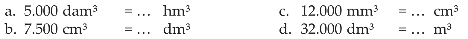 a. 5.000 dam^3 = ... hm^3 c. 12.000 mm^3 = ... cm^3 b. 7.500 cm^3 = ... dm^3 d. 32.000 dm^3 = ... m^3
