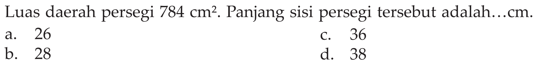 Luas daerah persegi 784 cm^2. Panjang Sisi persegi tersebut adalah ... cm