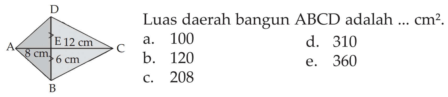 Luas daerah bangun ABCD adalah cm2. 100 E12 a. d. 310 cm C 8 cm b. 120 cm 360 e 208 Cj B