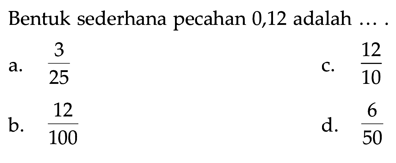 Bentuk sederhana pecahan 0,12 adalah