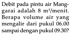 Debit pada pintu air Mang- garai adalah 8 m /menit Berapa volume air yang mengalir dari pukul 06.00 sampai dengan pukul 09.302