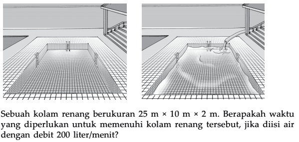 Sebuah kolam renang berukuran 25 m 10 m x 2 m Berapakah waktu yang diperlukan untuk memenuhi kolam renang tersebut; jika diisi air dengan debit 200 liter/menit?