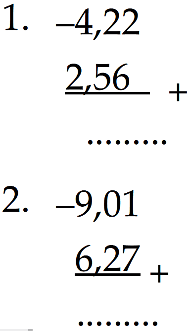 1. -4,22 + 2,56 = .... 2. -9,01 + 6,27 = ....