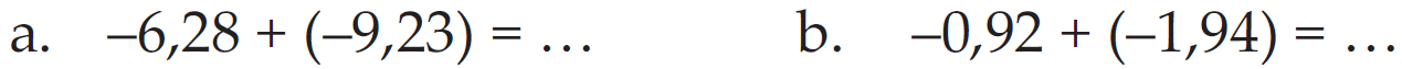 a. 6,28 + (-9,23) = ... b. -0,92 + (-1,94) = ...