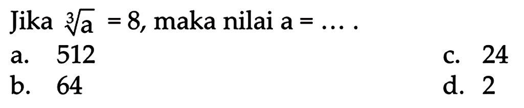 Jika a^1/3 = 8, maka nilai a =