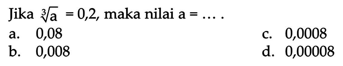 Jika a^(1/3) = 0,2, maka nilai a = ...