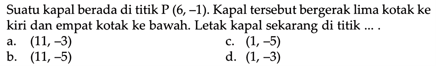 Suatu kapal berada di titik P  (6,-1) . Kapal tersebut bergerak lima kotak ke kiri dan empat kotak ke bawah. Letak kapal sekarang di titik ... .
