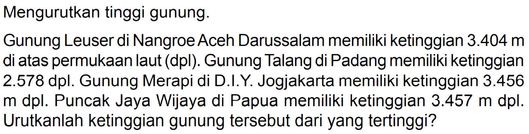 Mengurutkan tinggi gunung.
Gunung Leuser di Nangroe Aceh Darussalam memiliki ketinggian 3.404 m di atas permukaan laut (dpl). Gunung Talang di Padang memiliki ketinggian 2.578 dpl. Gunung Merapi di D.I.Y. Jogjakarta memiliki ketinggian 3.456 m dpl. Puncak Jaya Wijaya di Papua memiliki ketinggian 3.457 m dpl. Urutkanlah ketinggian gunung tersebut dari yang tertinggi?