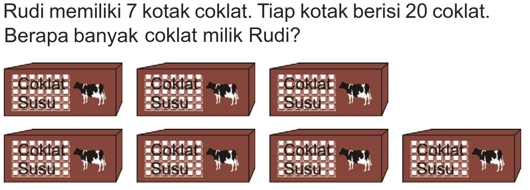 Rudi memiliki 7 kotak coklat. Tiap kotak berisi 20 coklat. Berapa banyak coklat milik Rudi?
(7 kotak coklat)