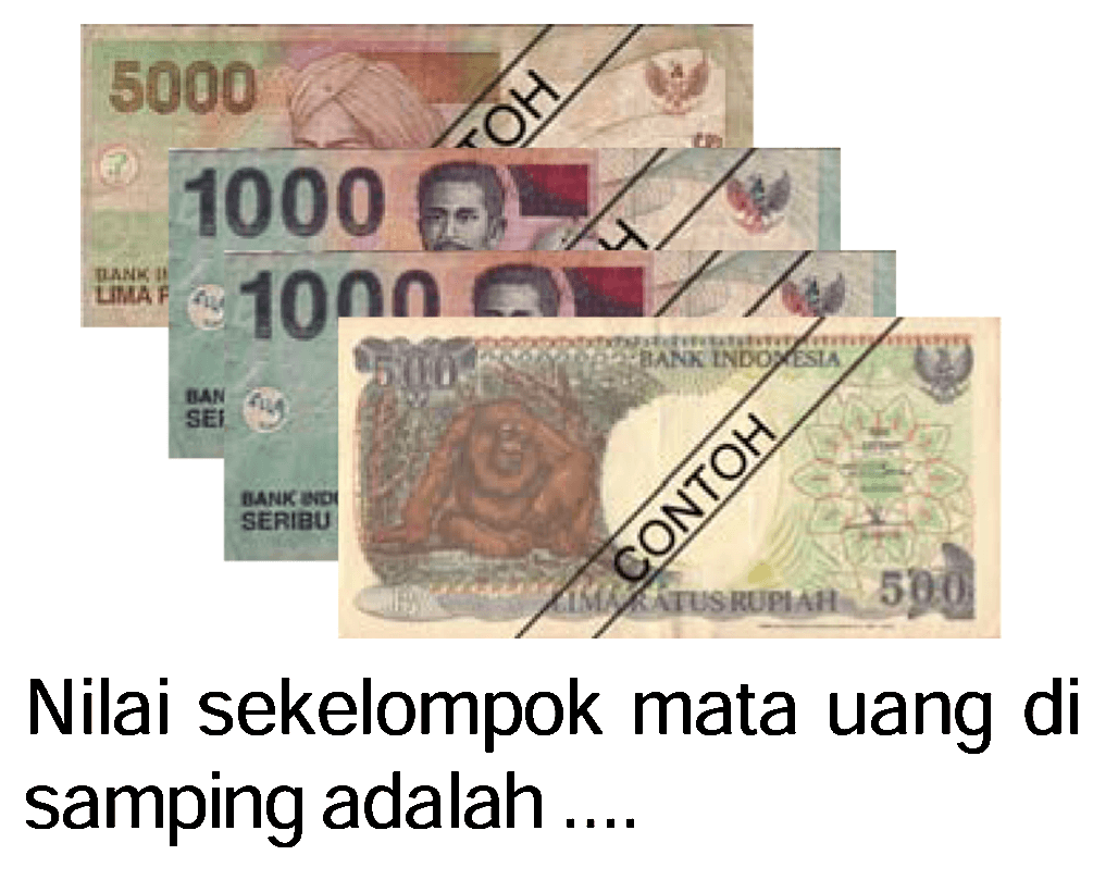 5000 1000 1000 500 Nilai sekelompok mata uang di samping adalah ....