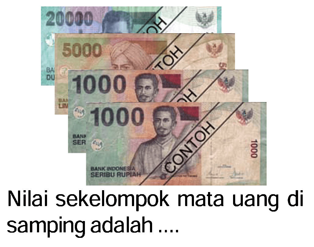 20000 5000 1000 1000 Nilai sekelompok mata uang di samping adalah ....