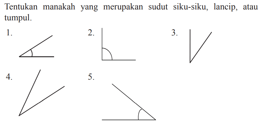 Tentukan manakah yang merupakan sudut siku-siku, lancip, atau tumpul.
1.
2.
4.
5.