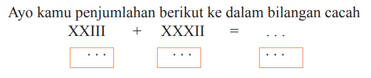 Ayo kamu penjumlahan berikut ke dalam bilangan cacah

 { XXIII )+ { XXXII )=...
