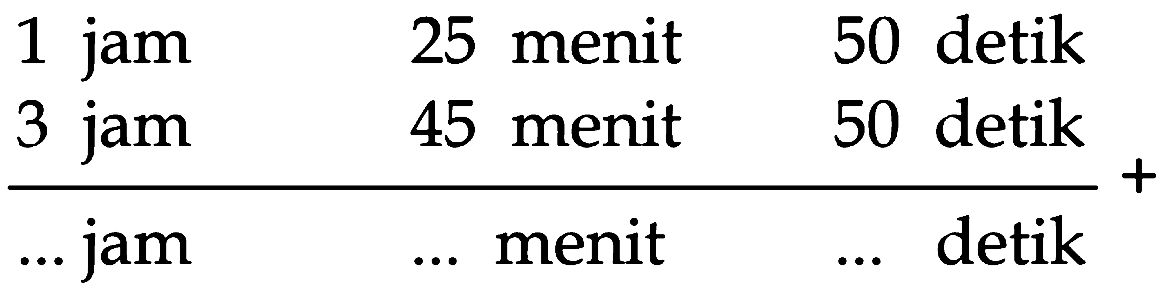 1 jam 25 menit 50 detik + 3 jam 45 menit 50 detik = ... jam .. menit ... detik