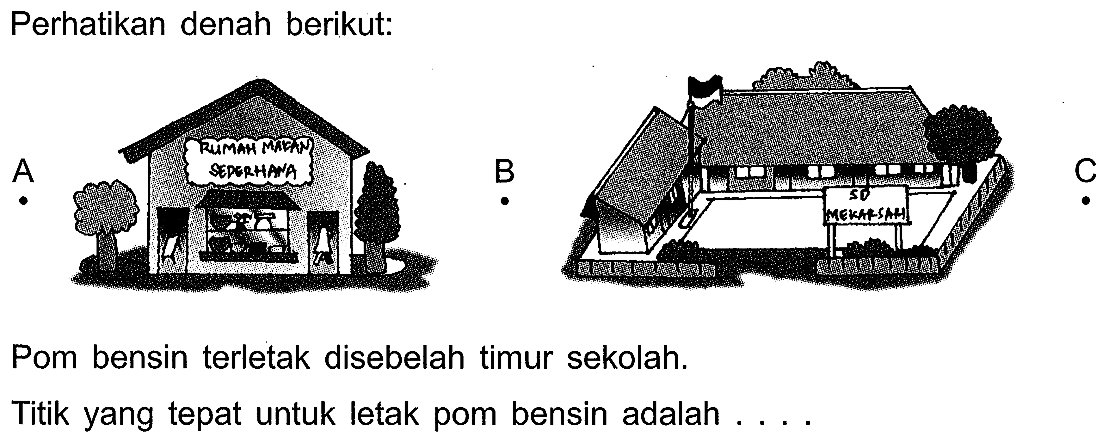 Perhatikan denah berikut:
A B C
Pom bensin terletak disebelah timur sekolah.
Titik yang tepat untuk letak pom bensin adalah...