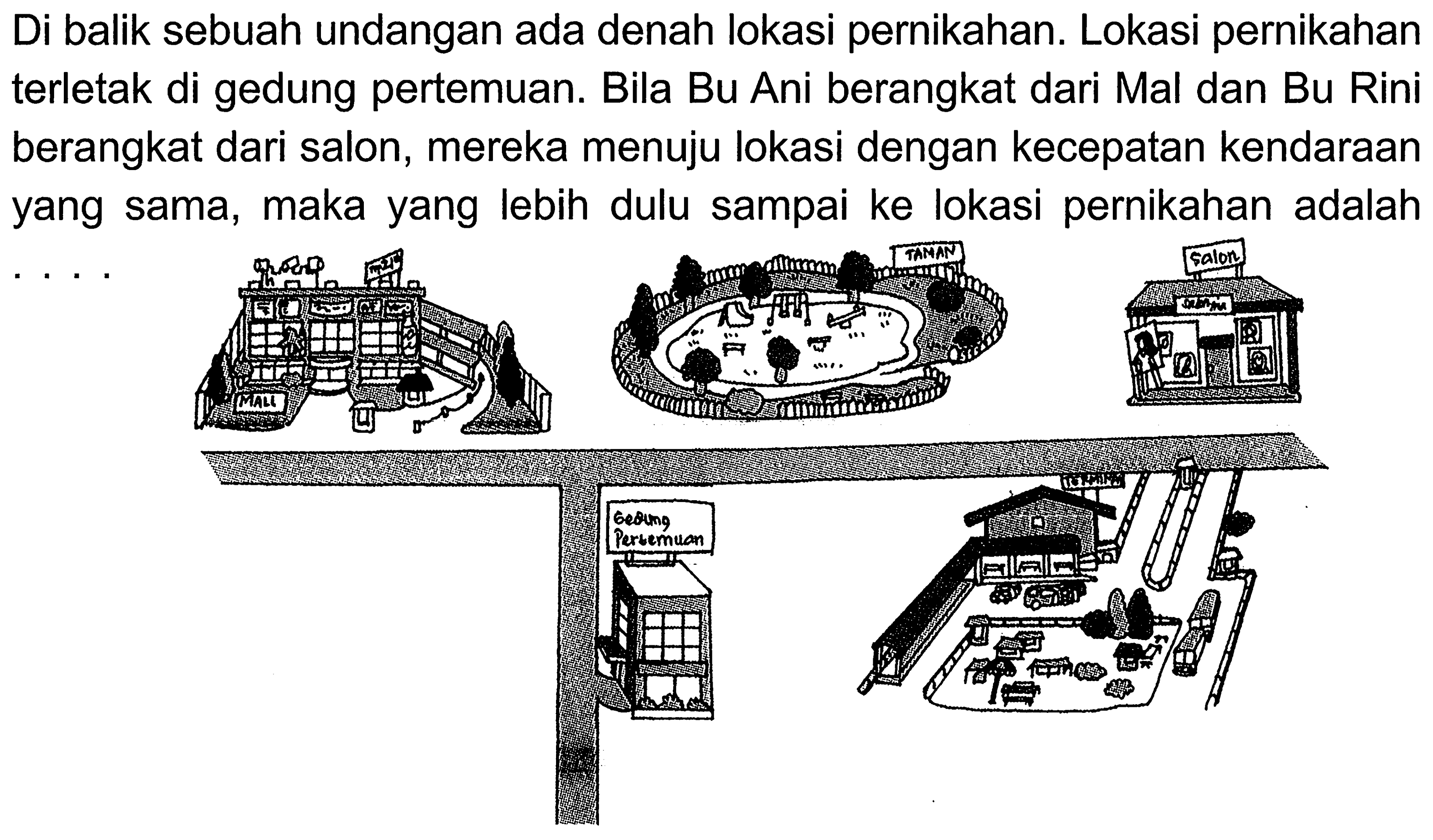 Di balik sebuah undangan ada denah lokasi pernikahan. Lokasi pernikahan terletak di gedung pertemuan. Bila Bu Ani berangkat dari Mal dan Bu Rini berangkat dari salon, mereka menuju lokasi dengan kecepatan kendaraan yang sama, maka yang lebih dulu sampai ke lokasi pernikahan adalah .... 
MALL TAMAN Salon Gedung Pertemuan TERMINAL