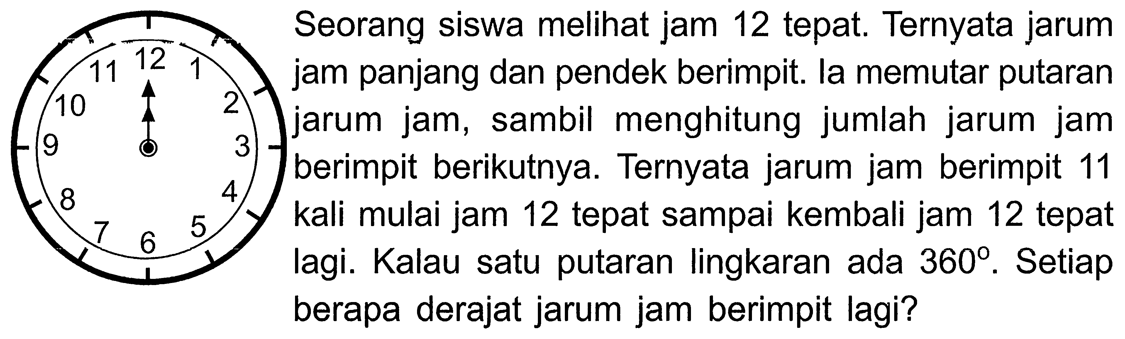 Seorang siswa melihat jam 12 tepat. Ternyata jarum jam panjang dan pendek berimpit. la memutar putaran jarum jam, sambil menghitung jumlah jarum jam berimpit berikutnya. Ternyata jarum jam berimpit 11 kali mulai jam 12 tepat sampai kembali jam 12 tepat lagi. Kalau satu putaran lingkaran ada 360. Setiap berapa derajat jarum jam berimpit lagi? 1 2 3 4 5 6 7 8 9 10 11 12