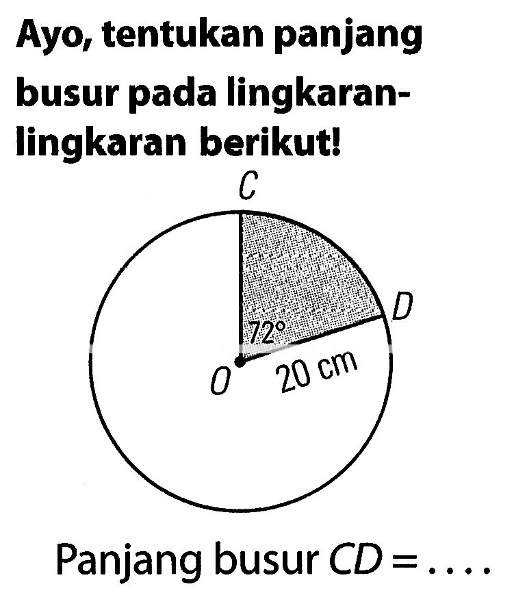 Ayo; tentukan panjang busur pada lingkaran- lingkaran berikut! Panjang busur CD=..