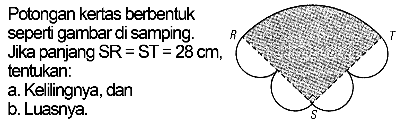 R T S 
Potongan kertas berbentuk seperti gambar di samping. Jika panjang SR = ST = 28 cm, tentukan: 
a. Kelilingnya, dan 
b. Luasnya.