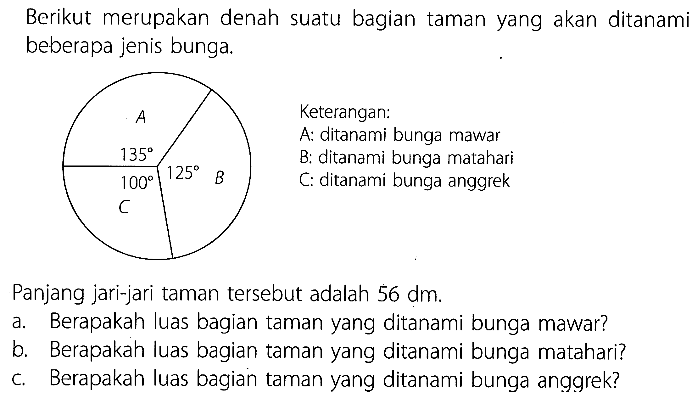 Berikut merupakan denah suatu bagian taman yang akan ditanami beberapa jenis bunga. 
A 135 B 125 C 100
Keterangan:
A: ditanami bunga mawar
B: ditanami bunga matahari
C: ditanami bunga anggrek

Panjang jari-jari taman tersebut adalah 56 dm.
a. Berapakah luas bagian taman yang ditanami bunga mawar?
b. Berapakah luas bagian taman yang ditanami bunga matahari?
c. Berapakah luas bagian taman yang ditanami bunga anggrek?