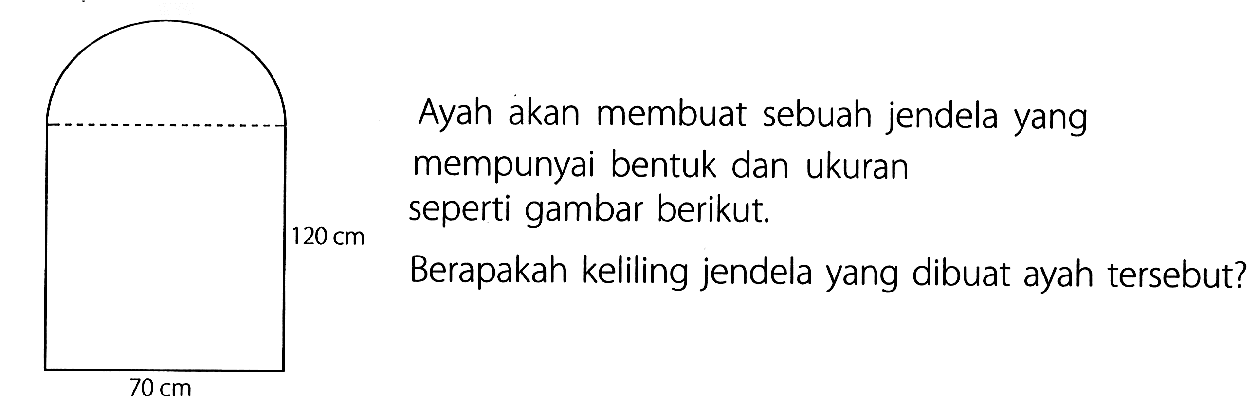 Ayah akan membuat sebuah jendela yang mempunyai bentuk dan ukuran seperti gambar berikut. Berapakah keliling jendela yang dibuat ayah tersebut? 120 cm 70 cm