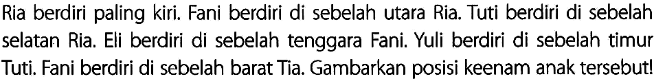 Ria berdiri paling kiri. Fani berdiri di sebelah utara Ria. Tuti berdiri di sebelah selatan Ria. Eli berdiri di sebelah tenggara Fani. Yuli berdiri di sebelah timur Tuti. Fani berdiri di sebelah barat Tia. Gambarkan posisi keenam anak tersebut!