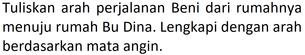 Tuliskan arah perjalanan Beni dari rumahnya menuju rumah Bu Dina. Lengkapi dengan arah berdasarkan mata angin. 