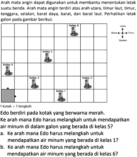 Arah mata angin dapat digunakan untuk membantu menentukan letak suatu benda. Arah mata angin terdiri atas arah utara, timur laut, timur, tenggara, selatan, barat daya, barat, dan barat laut. Perhatikan letak galon pada gambar berikut.
1 kotak  =1  langkah
Edo berdiri pada kotak yang berwarna merah.
Ke arah mana Edo harus melangkah untuk mendapatkan air minum di dalam galon yang berada di kelas 5 ?
a. Ke arah mana Edo harus melangkah untuk mendapatkan air minum yang berada di kelas 1 ?
b. Ke arah mana Edo harus melangkah untuk mendapatkan air minum yang berada di kelas  6 ? 