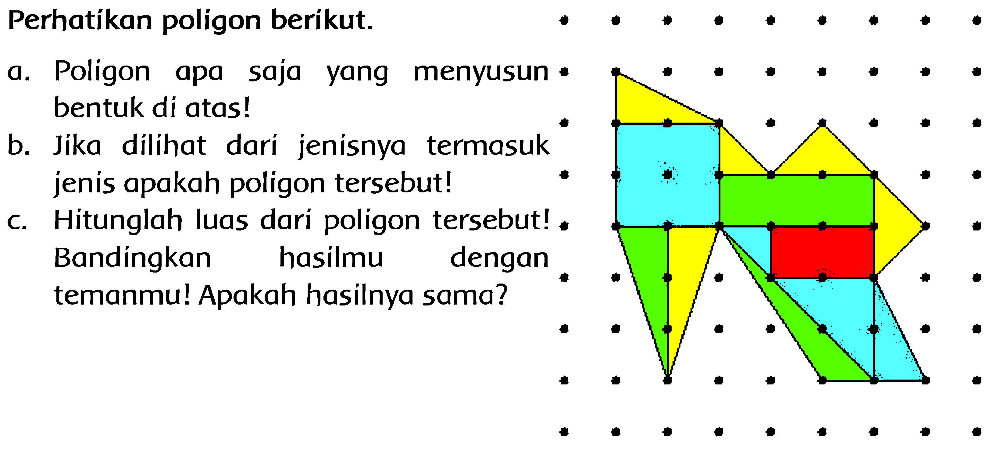 Perhatikan poligon berikut. a. Poligon apa saja yang menyusun bentuk di atas! b. Jika dilihat dari jenisnya termasuk jenis apakah poligon tersebut! c. Hitunglah luas dari poligon tersebut! Bandingkan hasilmu dengan temanmu! Apakah hasilnya sama?