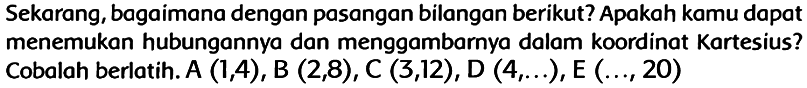 Sekarang, bagaimana dengan pasangan bilangan berikut? Apakah kamu dapat menemukan hubungannya dan menggambarnya dalam koordinat Kartesius? Cobalah berlatih. A (1,4), B (2,8), C  (3,12), D(4, ...), E(..., 20)