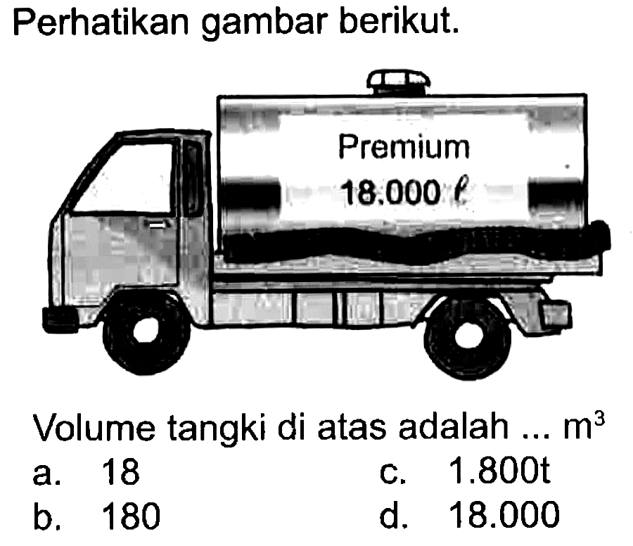 Perhatikan gambar berikut. Premium 18.000 l
Volume tangki di atas adalah ... m^3 