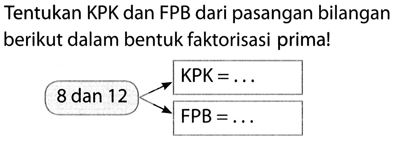 Tentukan KPK dan FPB dari pasangan bilangan berikut dalam bentuk faktorisasi prima!