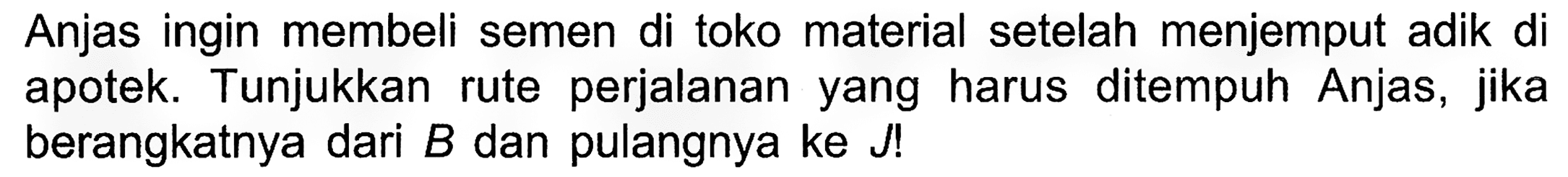 Anjas ingin membeli semen di toko material setelah menjemput adik di apotek. Tunjukkan rute perjalanan yang harus ditempuh Anjas, jika berangkatnya dari B dan pulangnya ke J!