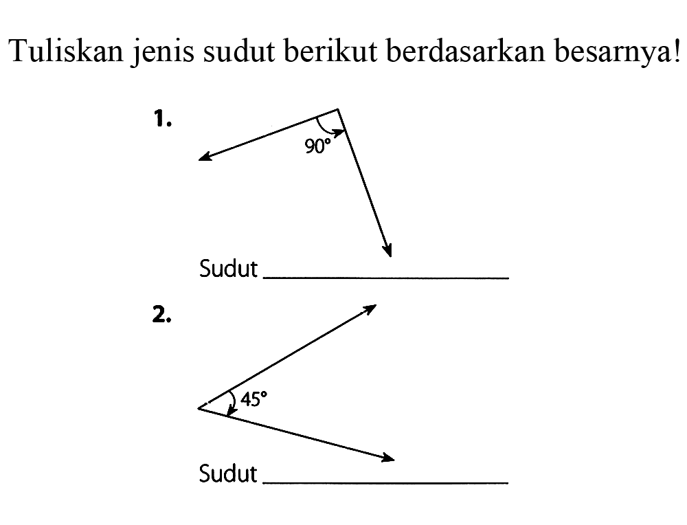 Tuliskan jenis sudut berikut berdasarkan besarnya!
1.
Sudut
2.
Sudut