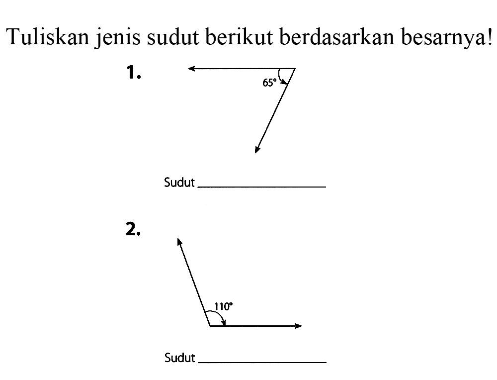 Tuliskan jenis sudut berikut berdasarkan besarnya!
1.
Sudut
2.
Sudut